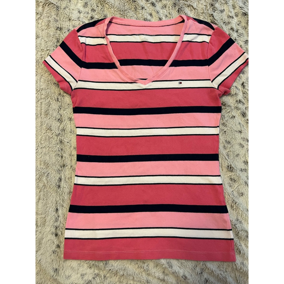 Vintage Tommy Hilfiger Y2K Striped V-Neck T-Shirt Womens Size M Pink Navy EUC - Picture 4 of 14